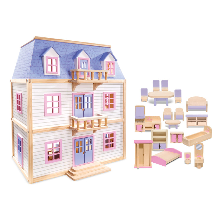 The loose pieces of The Melissa & Doug Modern Wooden Multi-Level Dollhouse With 19 pcs Furniture [White]