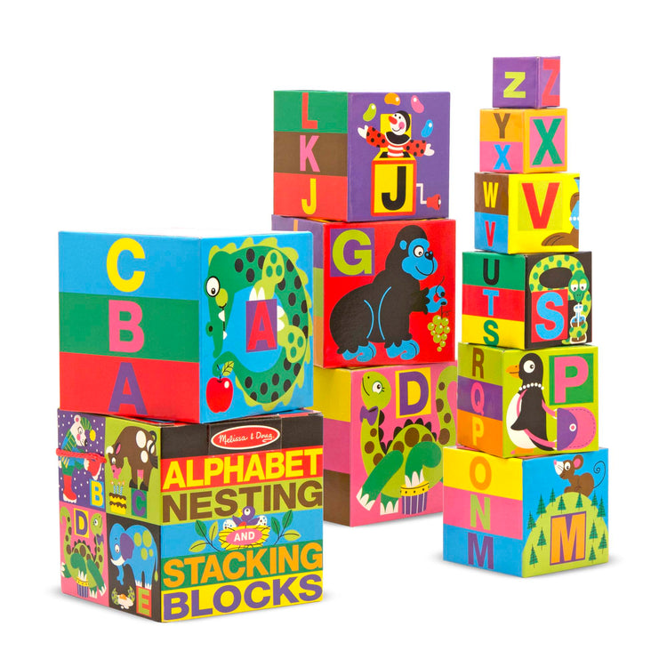 The loose pieces of The Melissa & Doug Deluxe 10-Piece Alphabet Nesting and Stacking Blocks