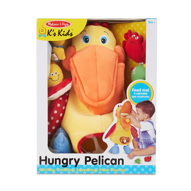 The front of the box for The Melissa & Doug K's Kids Hungry Pelican Soft Baby Educational Toy