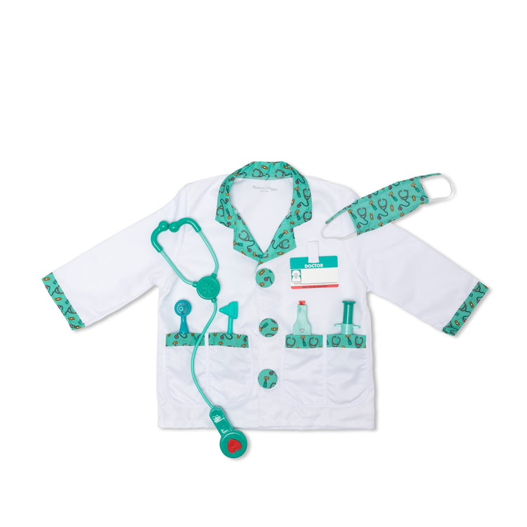 The loose pieces of The Melissa & Doug Doctor Role Play Costume Dress-Up Set (8 pcs)