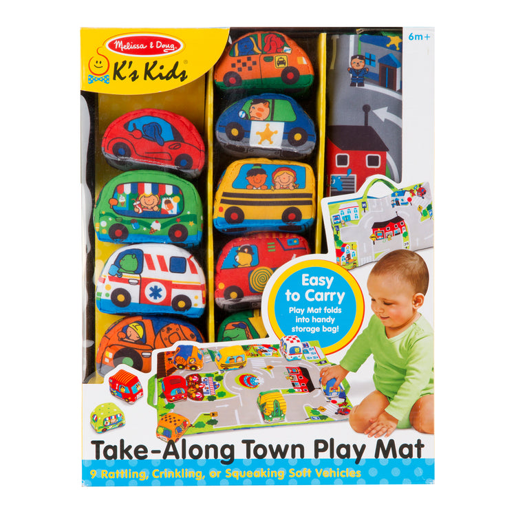 The front of the box for The Melissa & Doug Take-Along Town Play Mat (19.25 x 14.25 inches) With 9 Soft Vehicles