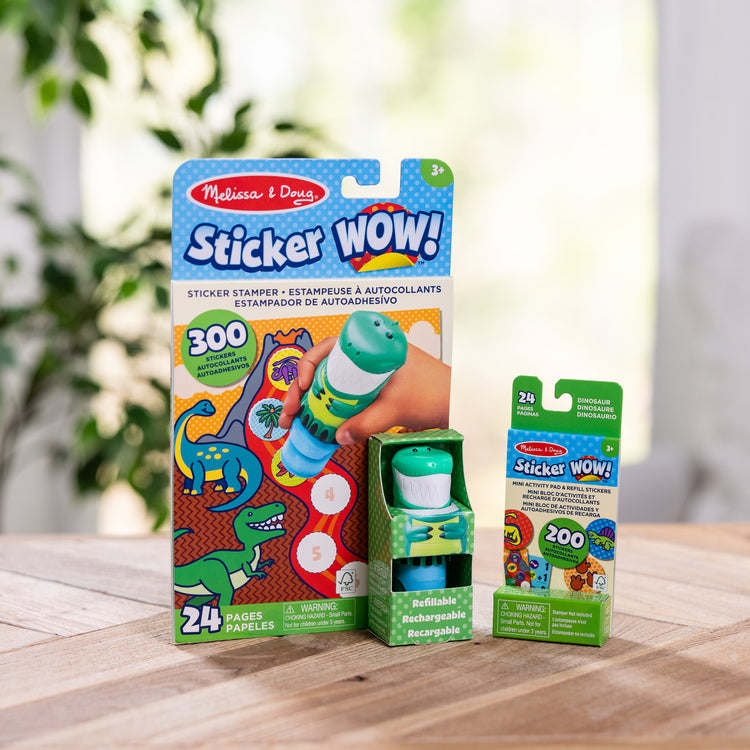 A playroom scene with The Melissa & Doug Sticker WOW!™ Dinosaur Bundle: 24-Page Activity Pad, Sticker Stamper, 500 Stickers, Arts and Crafts Fidget Toy Collectible Character 