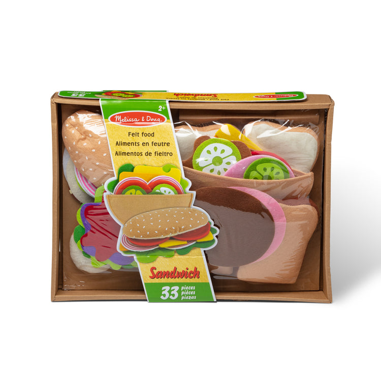 The front of the box for The Melissa & Doug Felt Food Sandwich Play Food Set (33 pcs)