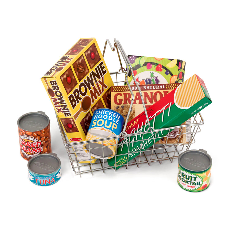 The loose pieces of The Melissa & Doug Grocery Basket - Pretend Play Toy With Heavy Gauge Steel Construction