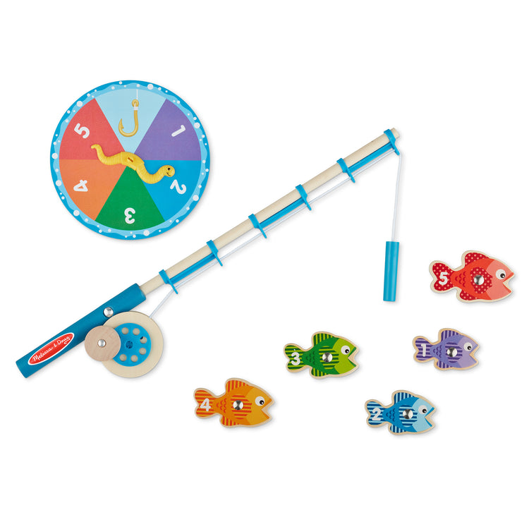 The loose pieces of The Melissa & Doug Catch & Count Wooden Fishing Game With 2 Magnetic Rods