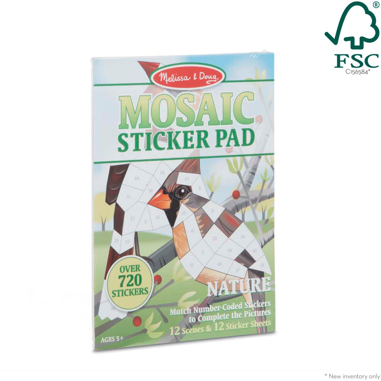 The front of the box for The Melissa & Doug Mosaic Sticker Pad Nature (12 Color Scenes to Complete with 850+ Stickers)