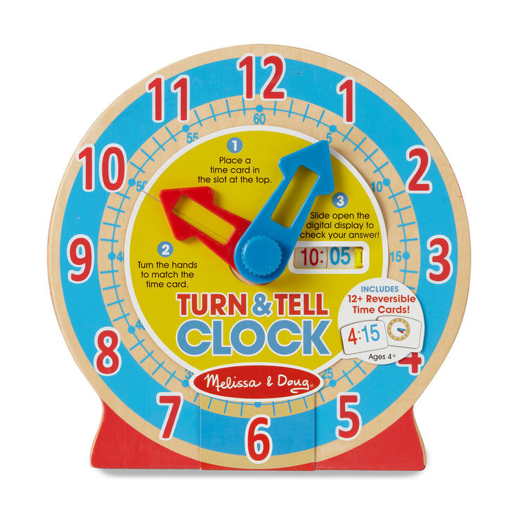 The front of the box for The Melissa & Doug Turn & Tell Wooden Clock - Educational Toy With 12+ Reversible Time Cards