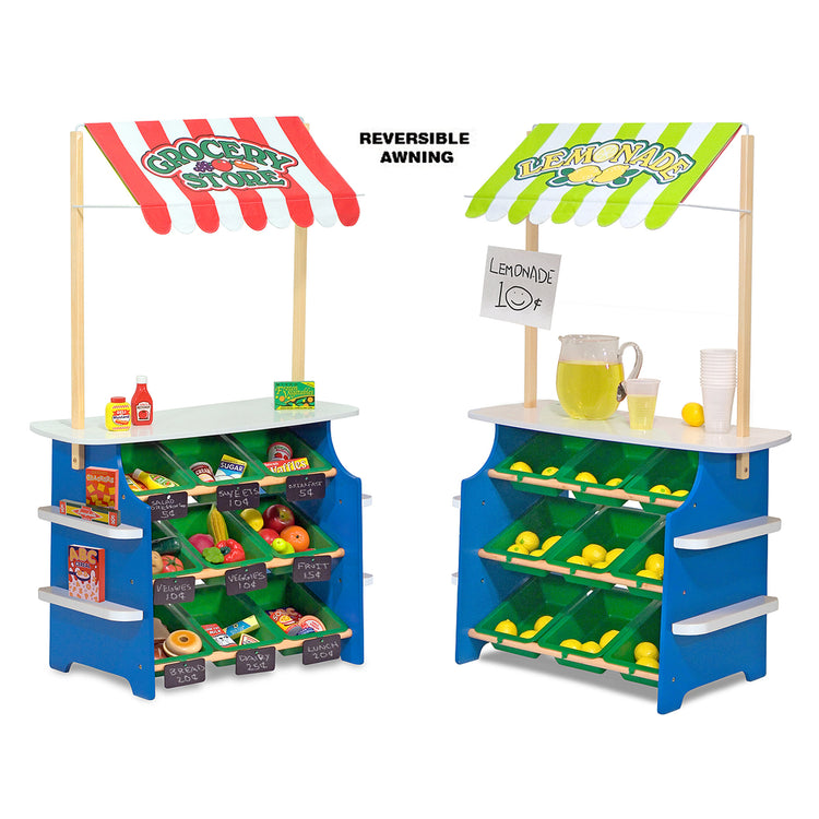 An assembled or decorated The Melissa & Doug Wooden Grocery Store and Lemonade Stand Activity Center - Reversible Awning, 9 Bins, 9 Chalkboards