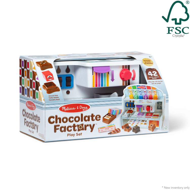 The front of the box for The Melissa & Doug Wooden Chocolate Factory Pretend Play Set, Play Food Candy Maker for Boys and Girls