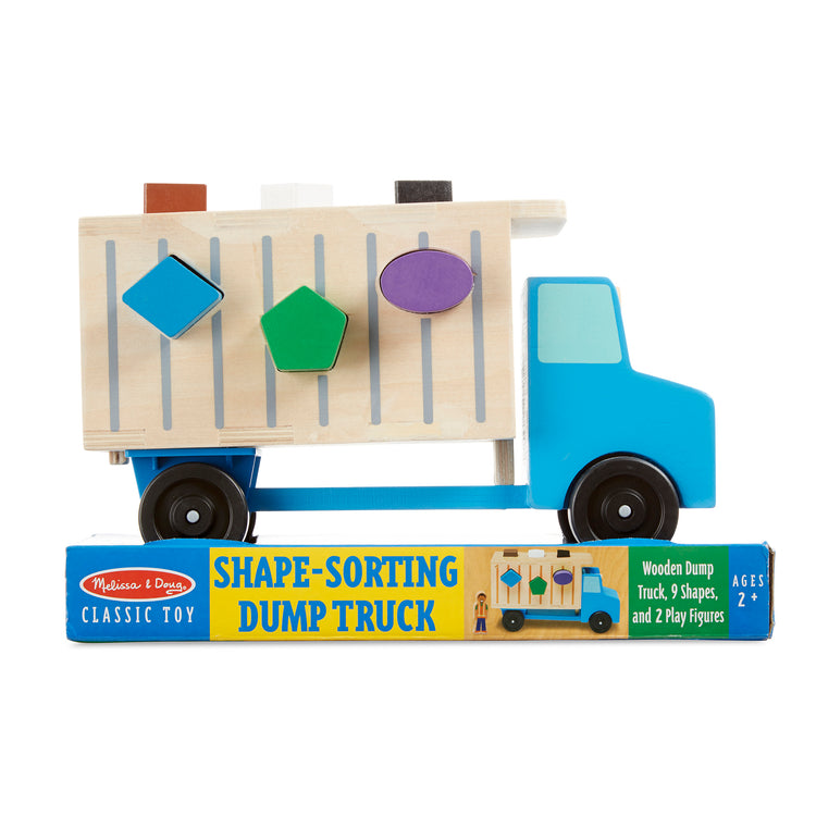 The front of the box for The Melissa & Doug Shape-Sorting Wooden Dump Truck Toy With 9 Colorful Shapes and 2 Play Figures