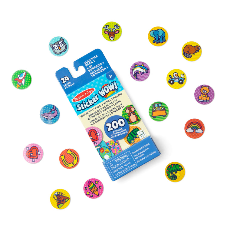 The loose pieces of The :Melissa & Doug Sticker WOW!™ Mini Activity Pad and 200+ Refill Stickers for Sticker Stamper Arts and Crafts Fidget Toy Collectibles – Assorted Surprise Stickers 