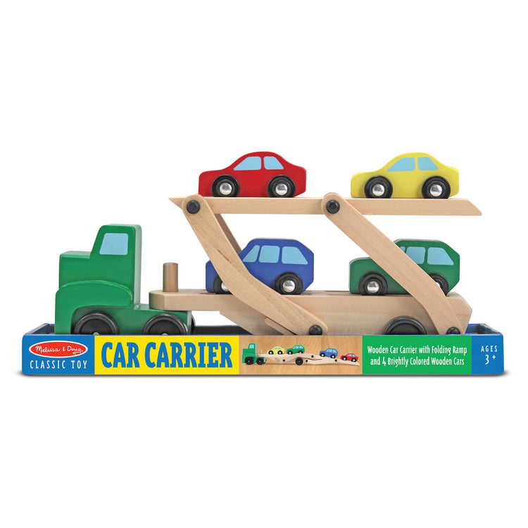 The front of the box for The Melissa & Doug Car Carrier Truck and Cars Wooden Toy Set With 1 Truck and 4 Cars