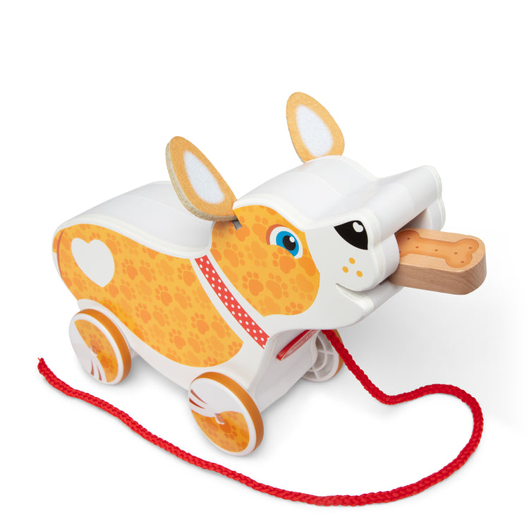 The loose pieces of The Melissa & Doug Feed, Walk & Poo Pup Wooden Preschool Pull Toy Play Set Ages 3+