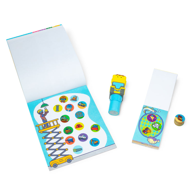 An assembled or decorated The Melissa & Doug Sticker WOW!™ Bulldozer Bundle: 24-Page Activity Pad, Sticker Stamper, 500 Stickers, Arts and Crafts Fidget Toy Collectible Character