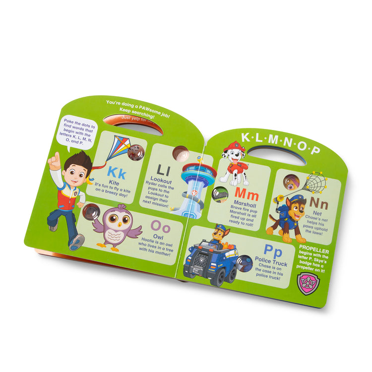 The loose pieces of The Melissa & Doug PAW Patrol Children's Book - Poke-A-Dot: Alphabet Adventure