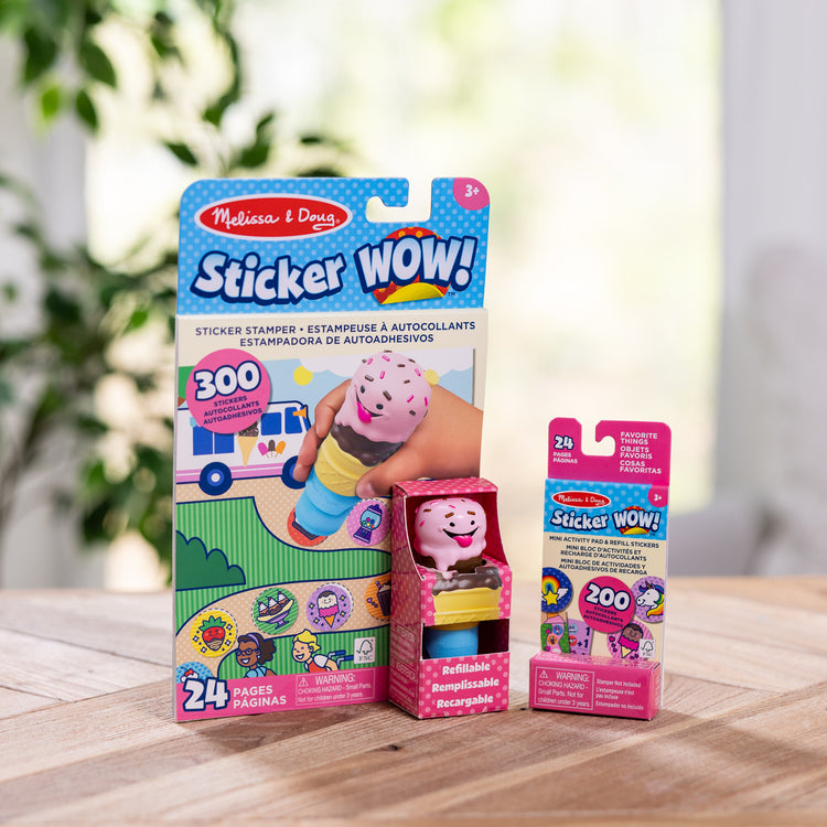 A playroom scene with The Melissa & Doug Sticker WOW!™ Ice Cream Bundle: 24-Page Activity Pad, Sticker Stamper, Mini Activity Pad, 500 Stickers, Arts and Crafts Fidget Toy Collectible Character