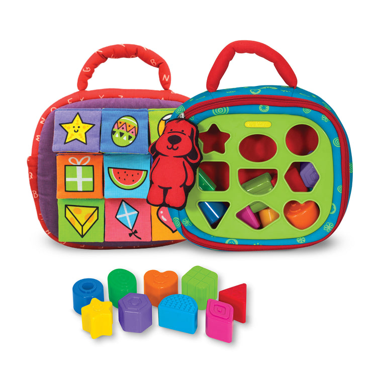 The loose pieces of The Melissa & Doug K's Kids Take-Along Shape Sorter Baby Toy With 2-Sided Activity Bag and 9 Textured Shape Blocks