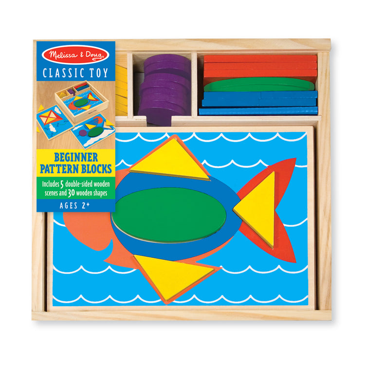 The front of the box for The Melissa & Doug Beginner Wooden Pattern Blocks Educational Toy With 5 Double-Sided Scenes and 30 Shapes