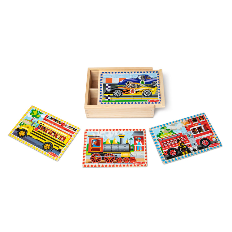 The loose pieces of The Melissa & Doug Wooden Jigsaw Puzzles in a Box 2-Pack for Preschool Boys and Girls – Pets, Vehicles