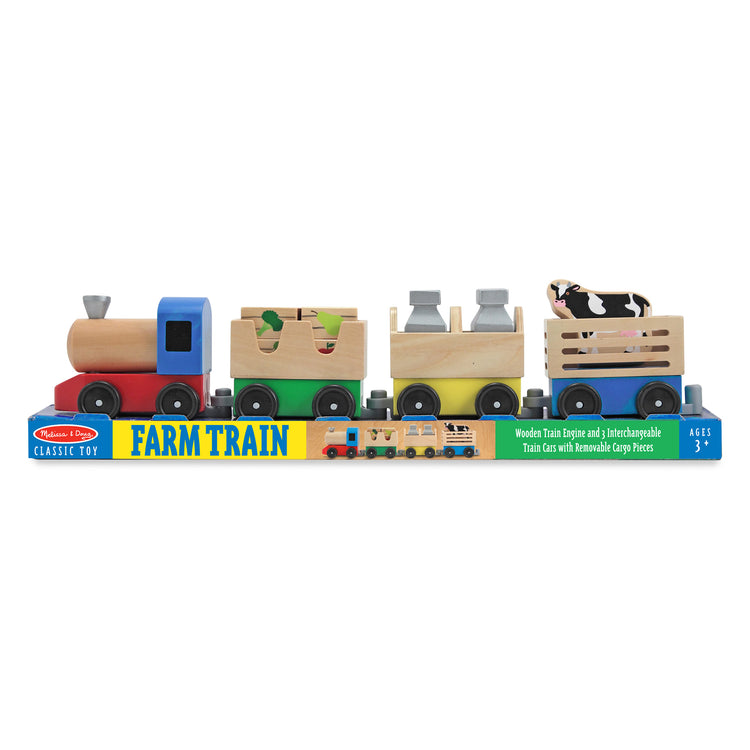 The front of the box for The Melissa & Doug Wooden Farm Train Set - Classic Wooden Toy (3 linking cars)