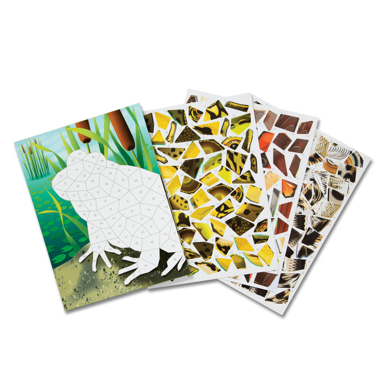 The loose pieces of The Melissa & Doug Mosaic Sticker Pad Nature (12 Color Scenes to Complete with 850+ Stickers)