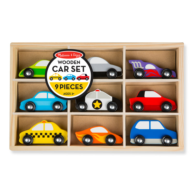 The front of the box for The Melissa & Doug Wooden Cars Vehicle Set in Wooden Tray - 9 Pieces