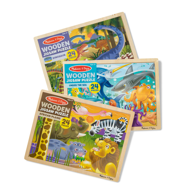 The loose pieces of The Melissa & Doug Jigsaw Puzzle Bundle (Dinosaur,Safari and Ocean)