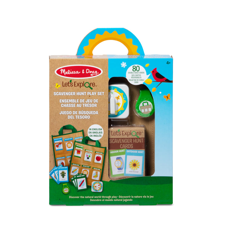 The front of the box for The Melissa & Doug Let’s Explore Indoor/Outdoor Scavenger Hunt Play Set – 80 Double-Sided Cards