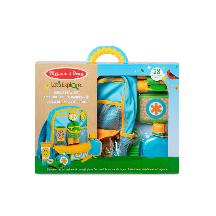 The front of the box for The Melissa & Doug Let’s Explore Hiking Play Set – 23 Pieces