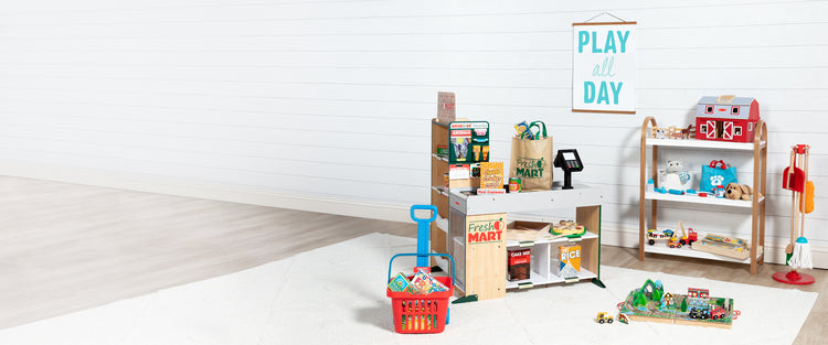 Playroom with Fresh Mart Grocery Store, play food, grocery basket, and dust sweep mop toy