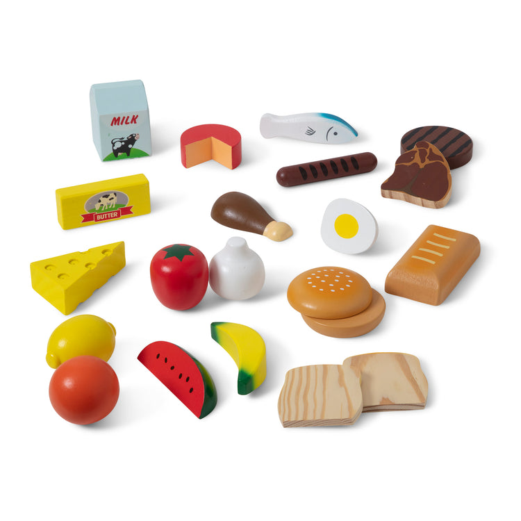 The loose pieces of The Melissa & Doug Food Groups - 21 Wooden Pieces and 4 Crates, Multi