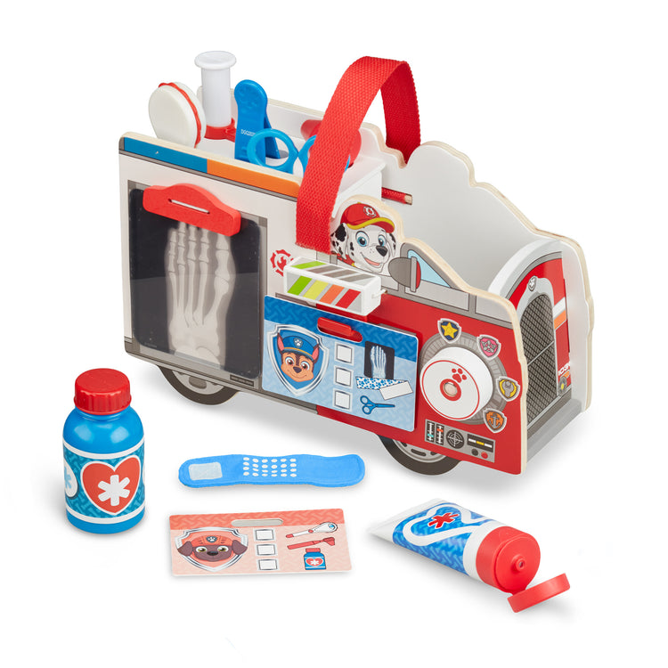 The loose pieces of The Melissa & Doug PAW Patrol Marshall's Wooden Rescue EMT Caddy (14 Pieces)