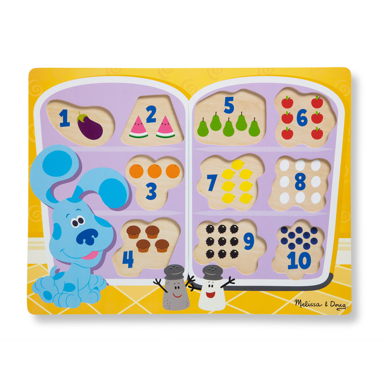 The loose pieces of The Melissa & Doug Blue's Clues & You! Wooden Chunky Puzzle - Fridge Food (10 Pieces)