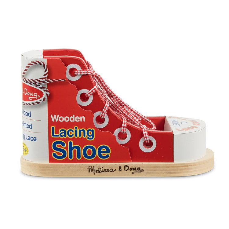 The front of the box for The Melissa & Doug Deluxe Wood Lacing Sneaker - Learn to Tie a Shoe Educational Toy