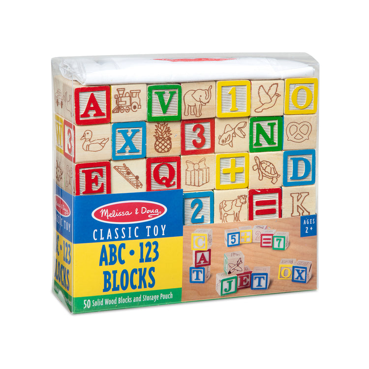 The front of the box for The Melissa & Doug Deluxe Wooden ABC/123 1-Inch Blocks Set With Storage Pouch (50 pcs)