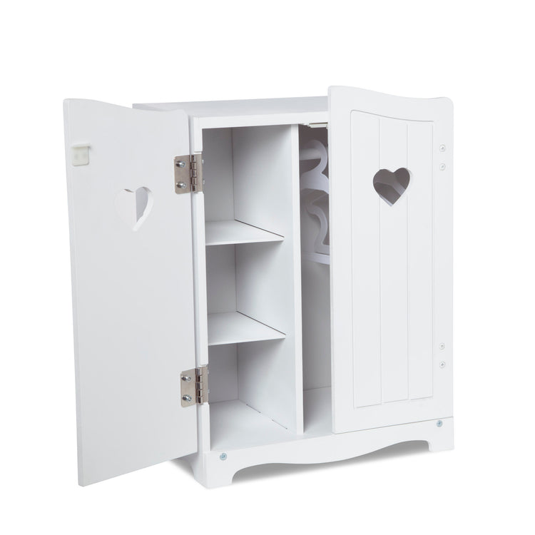 The loose pieces of The Melissa & Doug Mine to Love Wooden Play Armoire Closet for Dolls, Stuffed Animals - White (17.3”H x 12.4”W x 8.5”D Assembled)