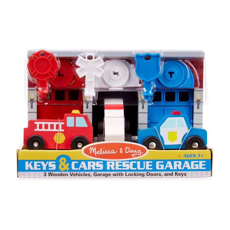 The front of the box for The Melissa & Doug Toy Keys and Cars Wooden Rescue Vehicles and Garage (7 pcs)