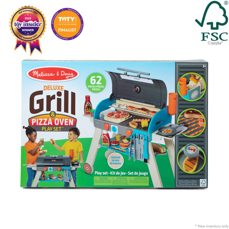 The front of the box for The Melissa & Doug Wooden Deluxe Barbecue Grill, Smoker and Pizza Oven Play Food Toy for Pretend Play Cooking for Kids