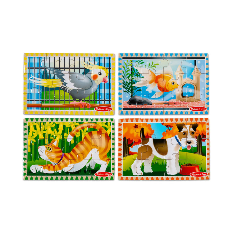 The loose pieces of The Melissa & Doug Wooden Jigsaw Puzzles in a Box 2-Pack for Preschool Boys and Girls – Pets, Vehicles