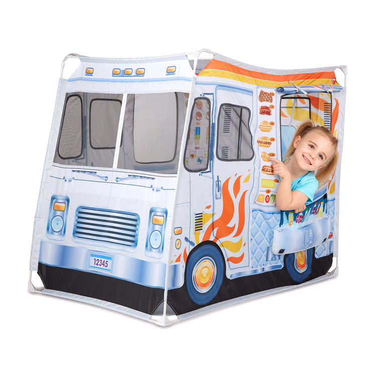 A child on white background with The Melissa & Doug Fabric Double-Sided Food Truck Play Tent - Ice Cream And BBQ