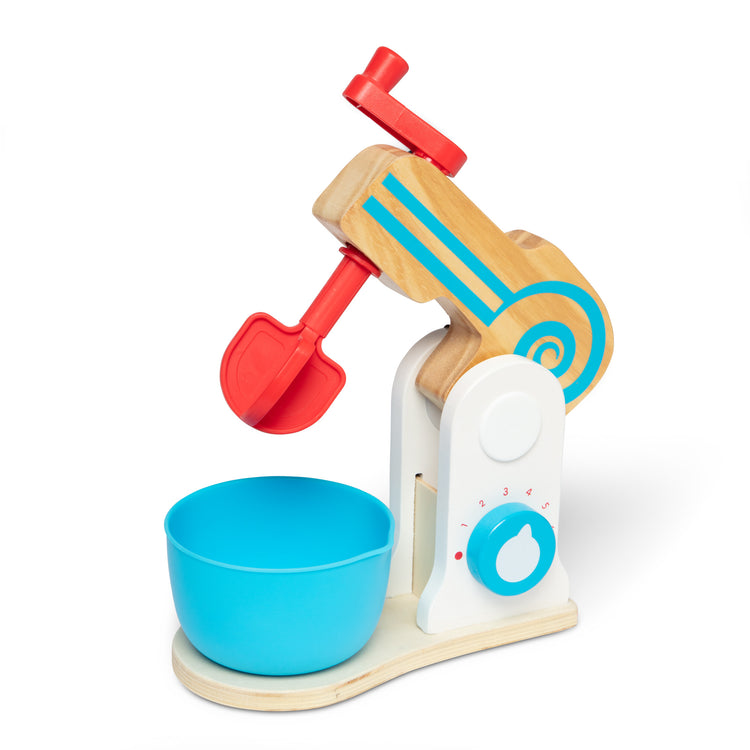 The loose pieces of The Melissa & Doug Wooden Make-a-Cake Mixer Set (11 pcs) - Play Food and Kitchen Accessories