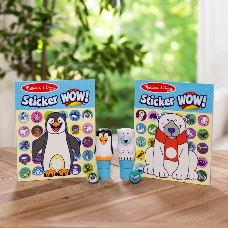 A playroom scene with The Melissa & Doug Sticker WOW!®  Winter (Polar Bear and Penguin) VALUE PACK Arts and Crafts Collectibles – 2 Activity Pads, 2 Sticker Stampers, 2 Bonus Sticker Stacks