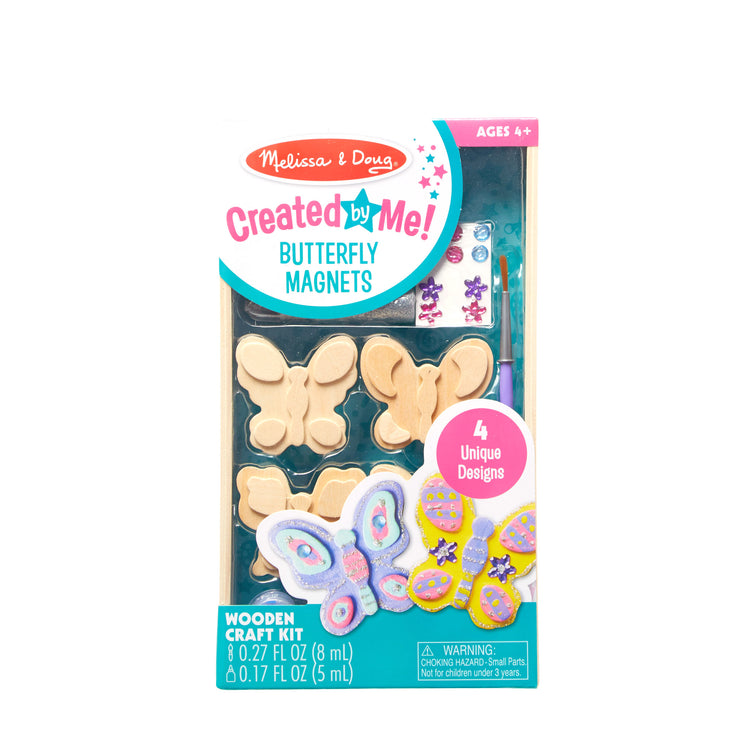 The front of the box for The Melissa & Doug Created by Me! Wooden Butterfly Magnets Craft Kit (4 Designs, 4 Paints, Stickers, Glitter Glue)