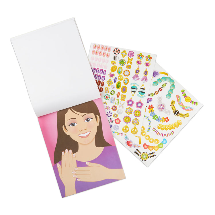 The loose pieces of The Melissa & Doug Jewelry and Nails Glitter Sticker Pad - 360+ Stickers, 15 Faces