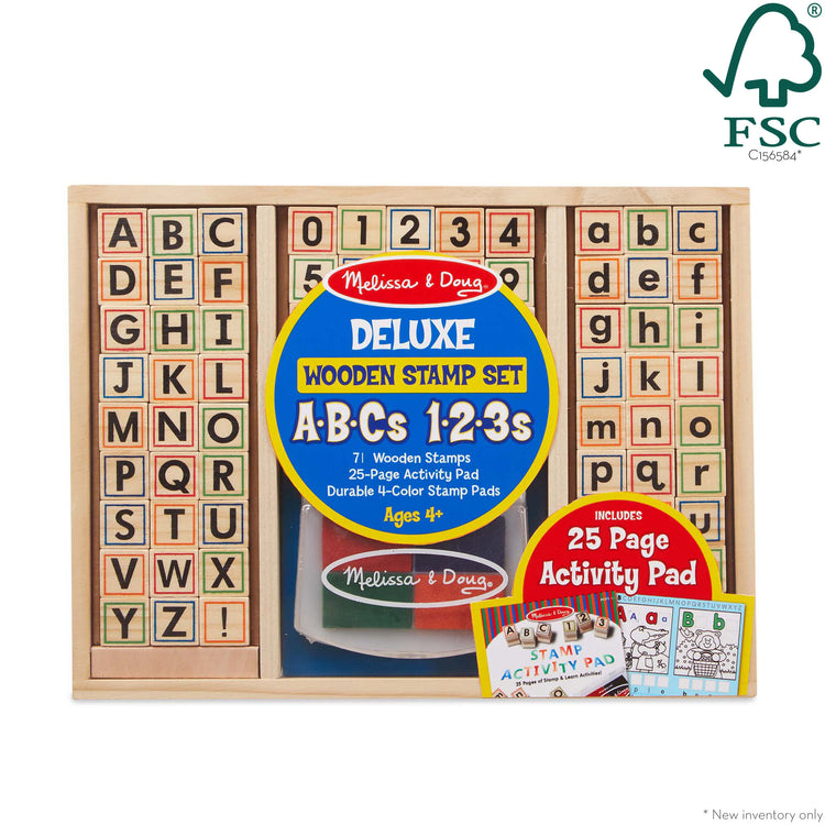 The front of the box for The Melissa & Doug Deluxe Letters and Numbers Wooden Stamp Set ABCs 123s With Activity Book, 4-Color Stamp Pad