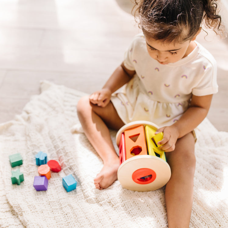 A kid playing with The Melissa & Doug Match and Roll Shape Sorter - Classic Wooden Toy