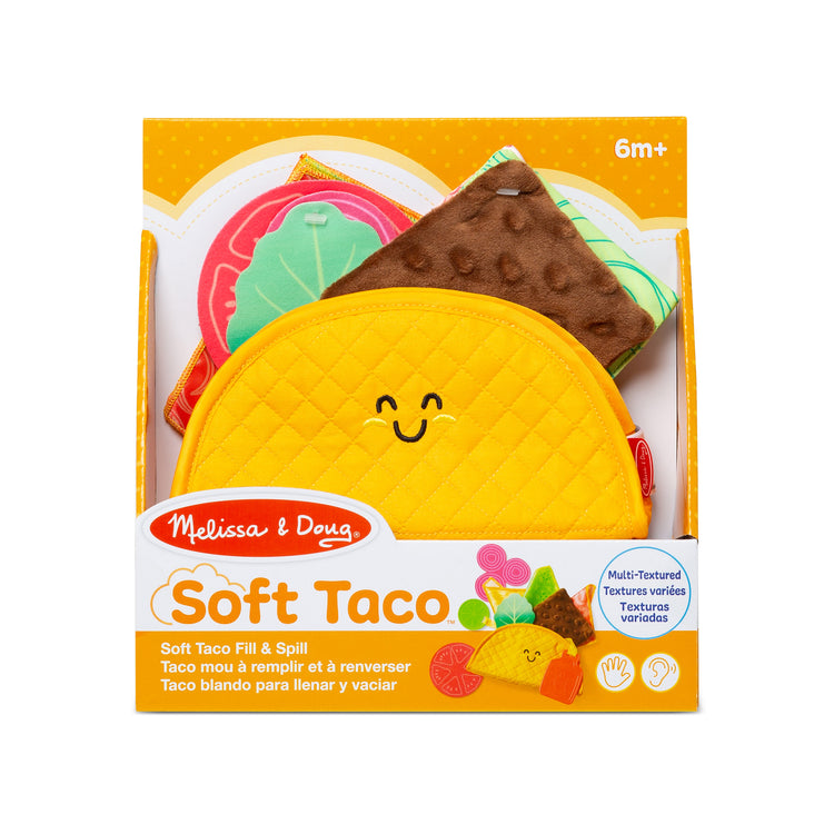 The front of the box for The Melissa & Doug Multi-Sensory Soft Taco Fill & Spill Infant Toy