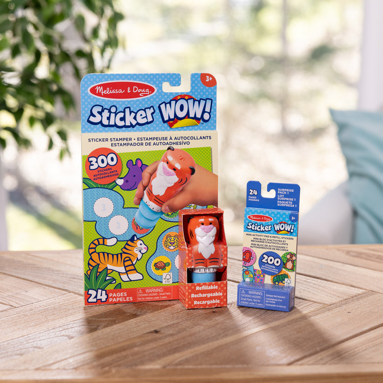 A playroom scene with The Melissa & Doug Sticker WOW!™ Tiger Bundle: 24-Page Activity Pad, Sticker Stamper, 500 Stickers, Arts and Crafts Fidget Toy Collectible Character