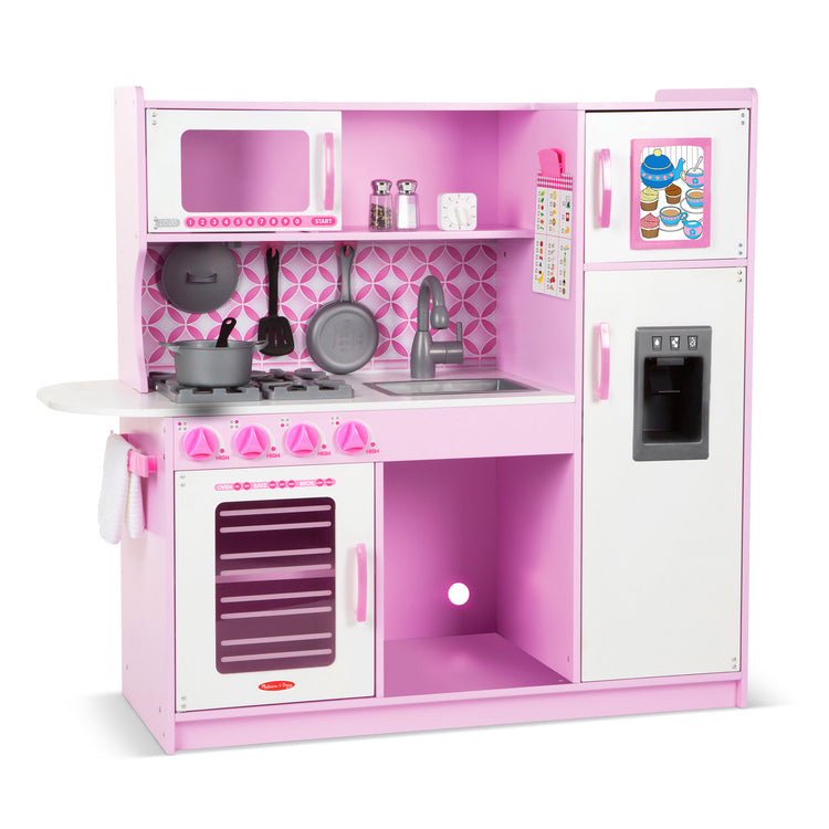 An assembled or decorated The Melissa & Doug Wooden Chef’s Pretend Play Toy Kitchen With “Ice” Cube Dispenser – Cupcake Pink/White