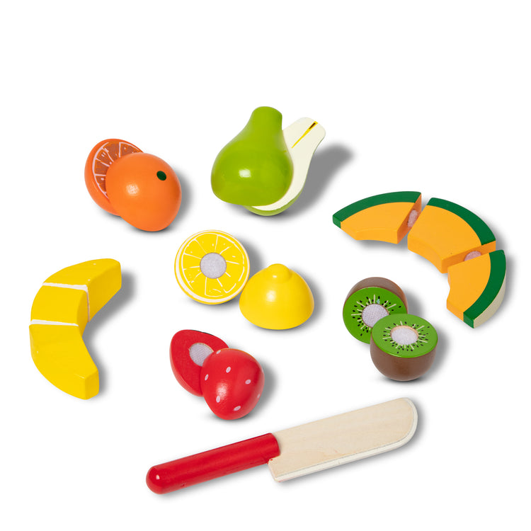 The loose pieces of The Melissa & Doug Cutting Fruit Set - Wooden Play Food Kitchen Accessory, Multi